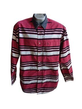 Vintage Men's Shirt Large 1990's Tommy Hilfiger Brush Popper Striped All Cotton